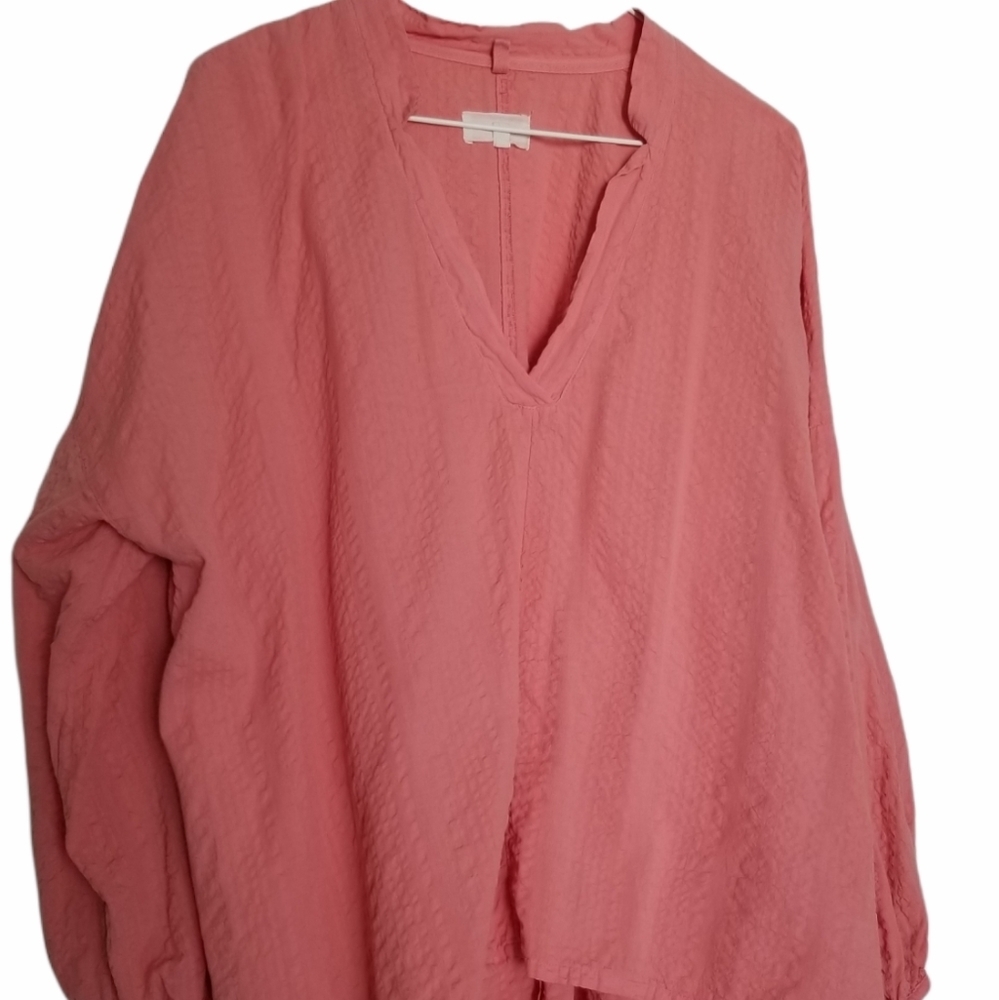 Lou & Grey pink cotton balloon sleeve v-neck top SZ Med